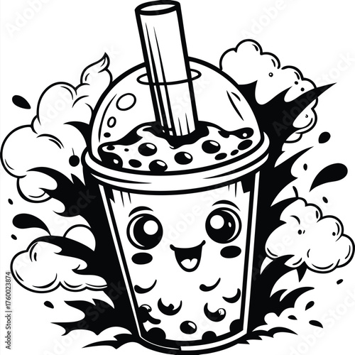 Charming bubble tea character features smiling eyes, straw, and splash surrounding the cute cup