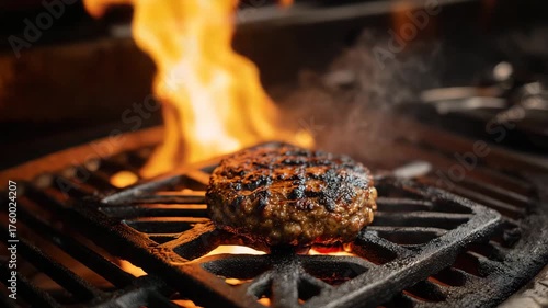 Juicy burger patty grilling on open flame barbecue with smoke and fire close up concept of cooking meat outdoors bbq restaurant fast food preparation