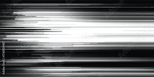Dynamic black and white horizontal streak pattern with bright light, ideal for tech backgrounds or motion graphics design.