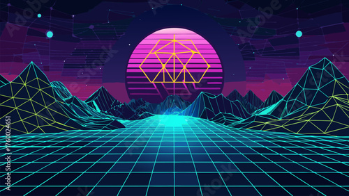 Cyber Landscape Polygon Sun Geometric Vector Design, Futuristic Digital Grid Synthwave Abstract Wireframe Terrain.