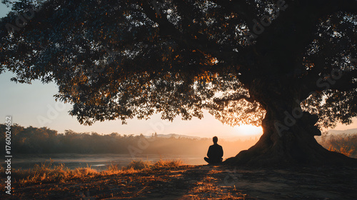 A peaceful moment of a person sitting quietly under a large tree with no devices,