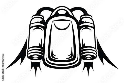 Isolated jetpack with fuel tanks and exhaust streams presents a streamlined black and white appearance