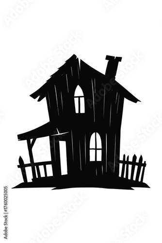Old abandoned wooden house silhouette with tilted roof