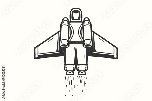 Delineated spaceman propels himself upward with jetpacks and wings in a monochromatic illustration