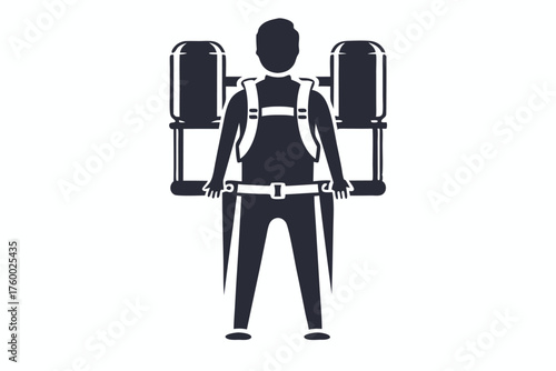 A person in silhouette wears an apparatus with tanks and harness gear