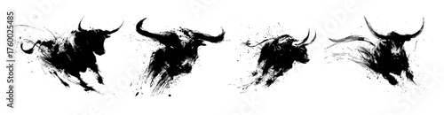 Chinese ox zodiac illustration with expressive black ink splatter brush painting representing strength and fortune