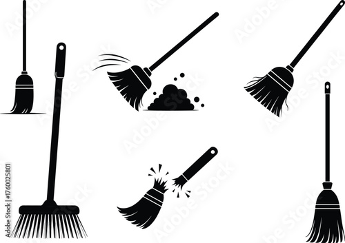 Black broom silhouette icons set, cleaning tools illustration, sweeping dust, broken broom, household equipment, vector design, hygiene, janitorial, sanitation, chores