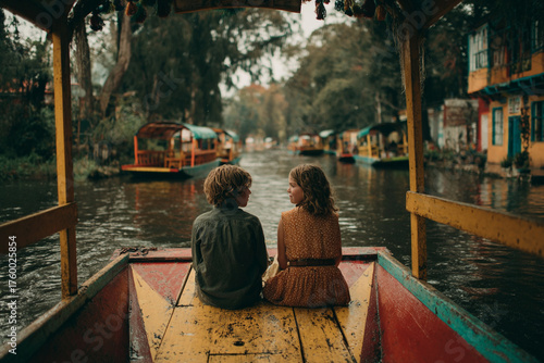Young people relaxing in a trajinera boat, viewed from the back, highlighting social connection and outdoor recreation.