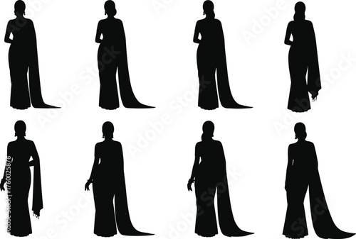 Traditional Indian sari silhouette illustration, women fashion draping styles, cultural clothing design, ethnic garment poses, textile heritage, vector art collection