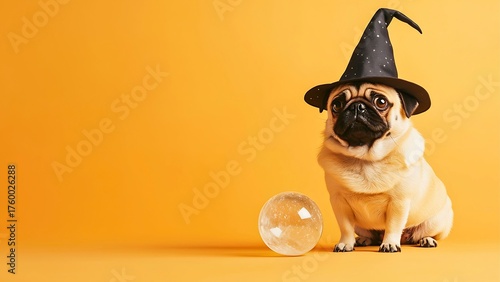 A cute pug dressed as a wizard, with a wizard hat and crystal ball on orange background.  The image is a fun and whimsical concept