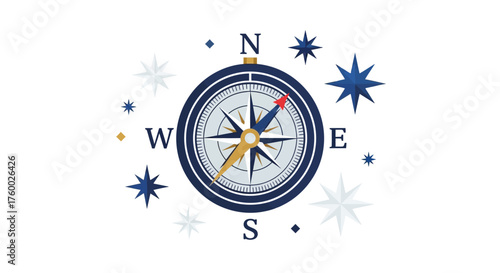 Navigational compass with cardinal directions and stars.