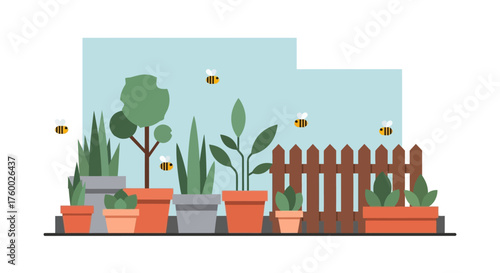 Potted Plants and Bees in a Garden Setting.