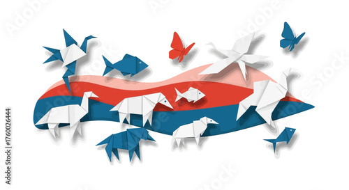 Origami animals and nature scene with paper art and creative design.