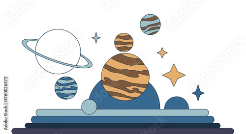 Stylized Celestial Bodies and Planets in a Minimalist Space Scene.