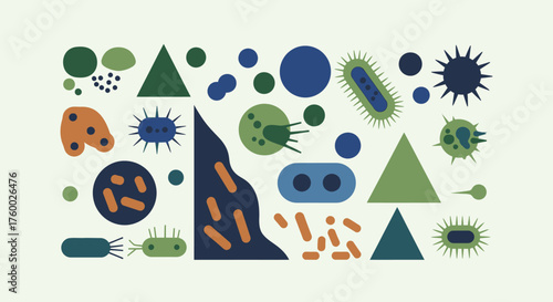 Stylized collection of various bacteria viruses and microbes.
