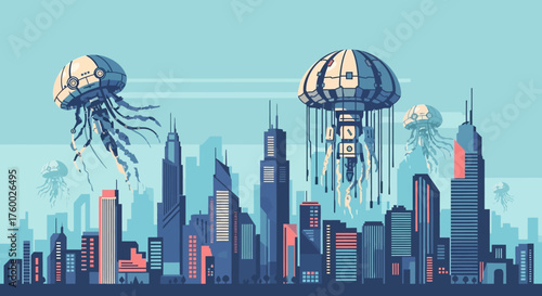 Surreal Cityscape with Floating Jellyfish Airships.
