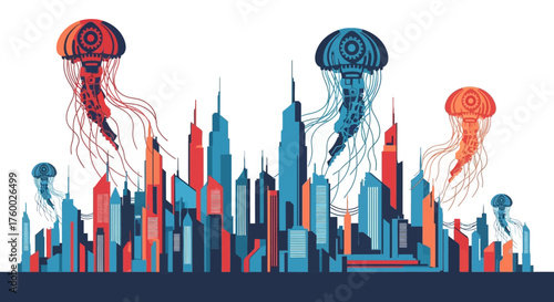 Surreal illustration of giant colorful jellyfish floating above a modern city skyline.