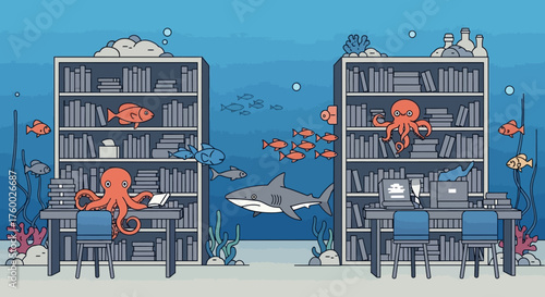 An Octopus and a Robot Studying in a Surreal Underwater Library.