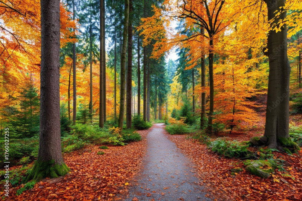 Fototapeta premium Forest path winding through colorful autumn leaves