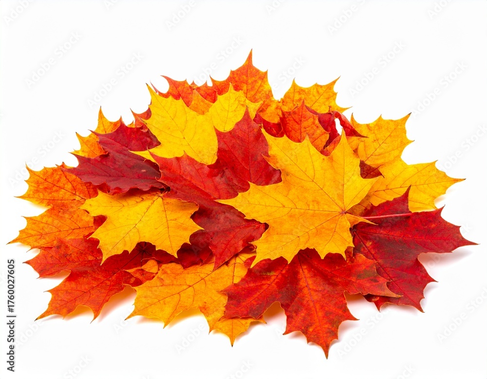 Fototapeta premium Beautifully arranged vibrant red orange and yellow maple leaves scattered on white background
