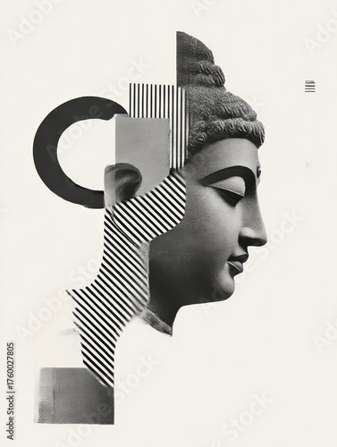 Graphical Buddha Head, Fragmented and isolatable, modern collage antique sculpture, 