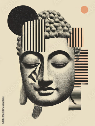 Graphical Buddha Head, Fragmented and isolatable, modern collage antique sculpture, 