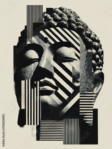 Graphical Buddha Head, Fragmented and isolatable, modern collage antique sculpture, 