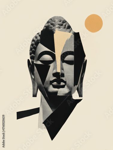 Graphical Buddha Head, Fragmented and isolatable, modern collage antique sculpture, 
