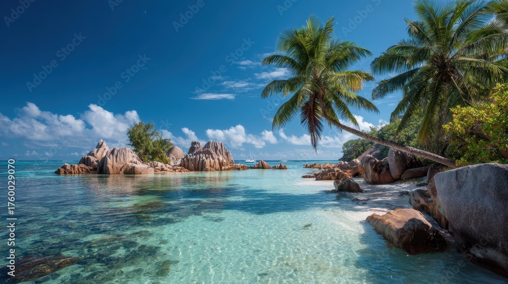 Obraz premium A beautiful beach with a palm tree in the foreground. The water is calm and clear, and the sky is blue with some clouds. The scene is peaceful and relaxing, perfect for a day at the beach