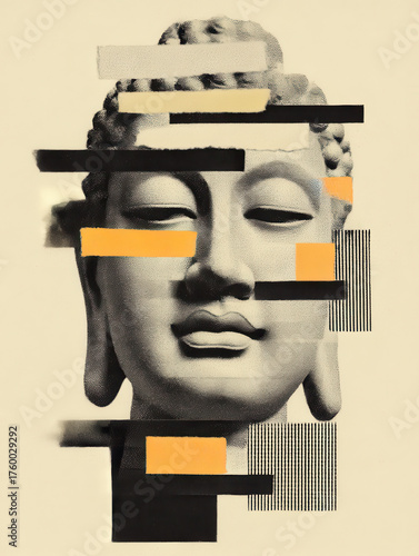 Graphical Buddha Head, Fragmented and isolatable, modern collage antique sculpture, 