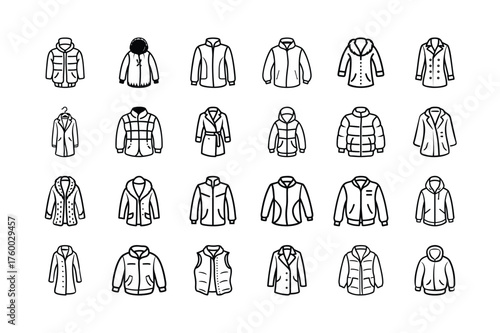 Winter Outerwear Icon Set Vector – Jacket, Coat, Hoodie, Parka, and Vest Line Icons