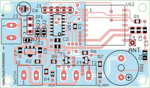 Vector printed circuit board of electronic 
device with components of radio elements, 
conductors and contact pads placed on pcb. 
Engineering technical drawing. Electric background.