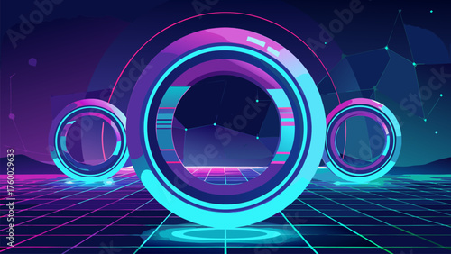 CGI Grid Landscape with Circular Portal Graphics. Virtual Reality Digital Horizon Neon Background. Cyberpunk Environment Hi-Tech. Graphic Element Glowing Light Futuristic Scene.