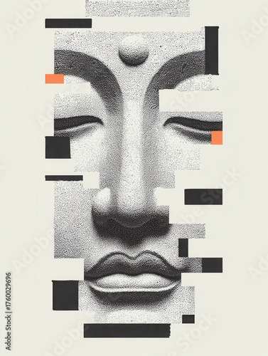 Graphical Buddha Head, Fragmented and isolatable, modern collage antique sculpture, 