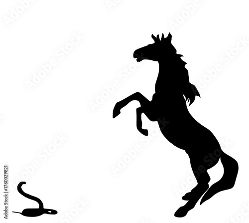 Poison snake cobra against prance horse silhouette vector illustration isolated on background. Beautiful powerful animal stallion. Snake attack bite VS horse male. 