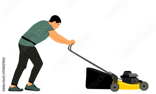 Gardener man mowing lawn mower vector illustration isolated. Grass trimmer cutting. Garden worker landscaper cut field in park. Farmer agricultural machinery. Beautification of yard. Lawn maintenance.