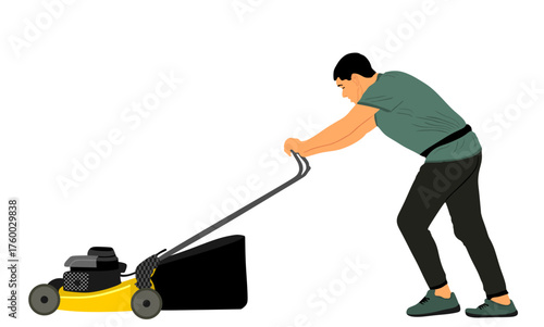 Gardener man mowing lawn mower vector illustration isolated. Grass trimmer cutting. Garden worker landscaper cut field in park. Farmer agricultural machinery. Beautification of yard. Lawn maintenance.
