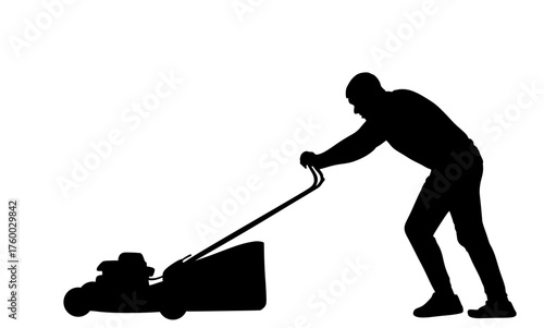 Gardener man mowing lawn mower vector silhouette isolated. Grass trimmer cutting. Garden worker landscaper cut field in park. Farmer agricultural machinery. Beautification of yard. Lawn maintenance.