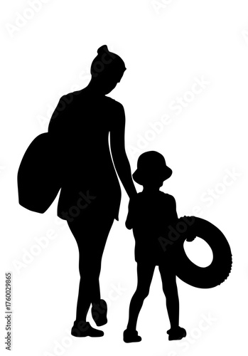Mother and daughter go to swimming sunbathing vector silhouette illustration isolated. Happy family beach enjoy. Child hand holding mom shape. Summer fun recreation girl with swim ring slag protect.