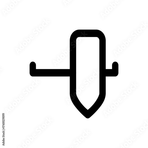 A simplistic black and white line drawing of a shield with a horizontal bar through the center design element