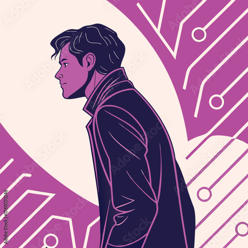 Profile of a Man in a Trench Coat with Circuit Board Background Keywords: man, profile, male