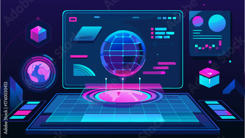 Holographic Display Screen with Earth Globe Graphic Element Vector Illustration. Futuristic Control Panel Digital Technology. Monitoring Data Analysis. Neon Background Interface.
