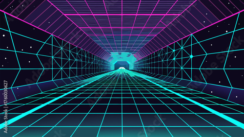 Cyberpunk Tunnel with Grid Lines Vector Illustration. Digital Landscape Futuristic Corridor Neon Background. Hi-Tech Environment Graphic Element Perspective View Design.