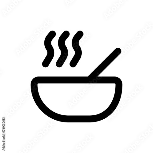 Illustration of a bowl with steam rising and a spoon resting inside, depicted in a simple black outline