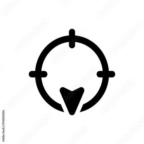 Simple black and white target icon with crosshairs and downward pointing arrow in the center area view design