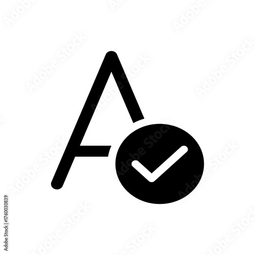 Letter a with check mark inside a circle indicating approval or confirmation in black and white design style