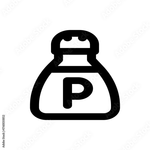 Illustration of a pepper shaker with a bold letter p on the front in black and white simple vector icon