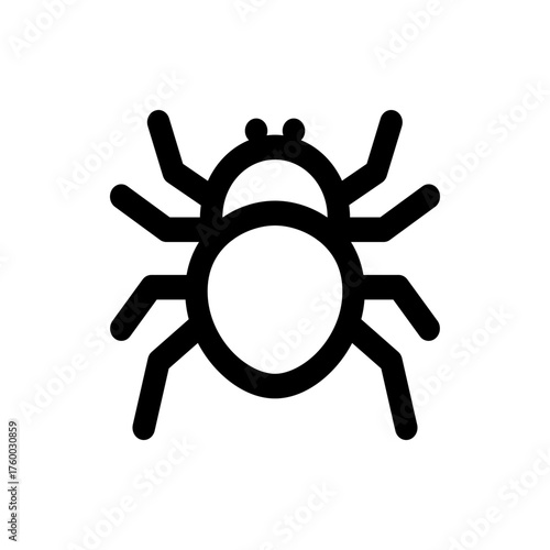 Illustration of a stylized black spider with thick lines and rounded shapes on a white background design