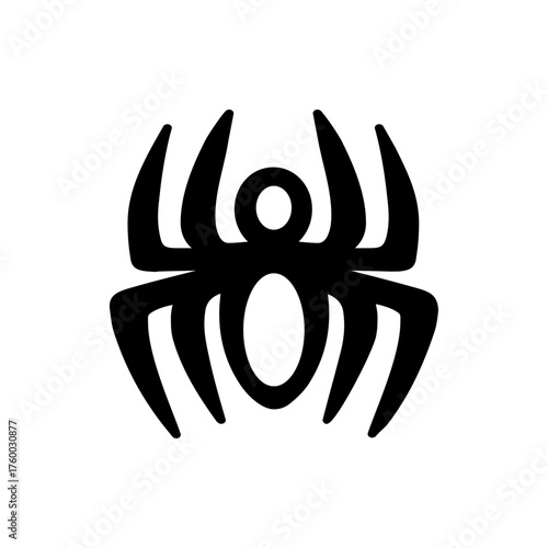 Stylized black spider with elongated limbs and oval body on a white background in a simple design
