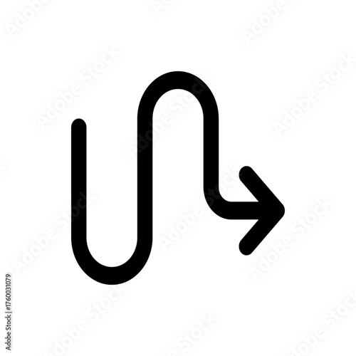 A winding arrow pointing to the right with a curved path and rounded edges in a simple black design style